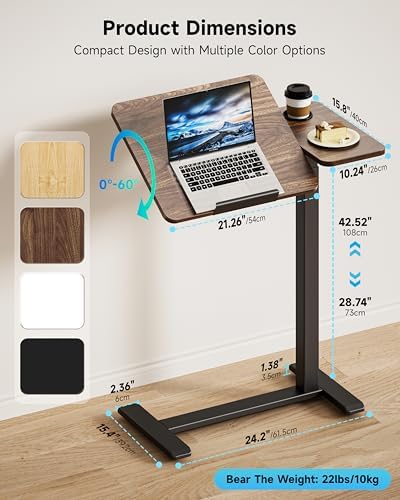 BZIUM Overbed Bedside Table with Hidden Wheels, Adjustable Medical Tilt Top Hospital Bed Table Over The Bed, Rolling Desk Mobile Standing Desk (31.5x15.8, Walnut)
