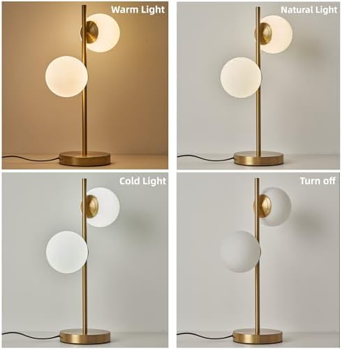Mid Century Modern Table Lamp, Gold Globe Nightstand Light with 2 LED Bulbs Included, Contemporary Bedside Lamp for Bedroom Living Room Study Decor