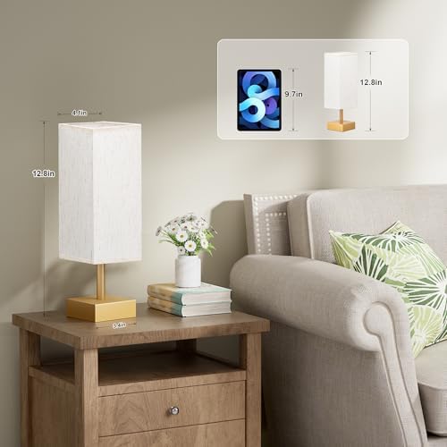 aooshine Gold Small Bedside Lamp for Bedroom - Square Cream Fabric Shade