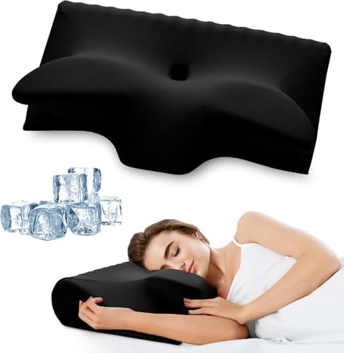 Cervical Pillow for Neck Pain Relief, Cooling Contour Memory Foam Pillows Support Odorless Ergonomic Neck Pillow Adjustable Orthopedic Bed Pillow for Side Back Stomach Sleeper with Pillowcase,Black