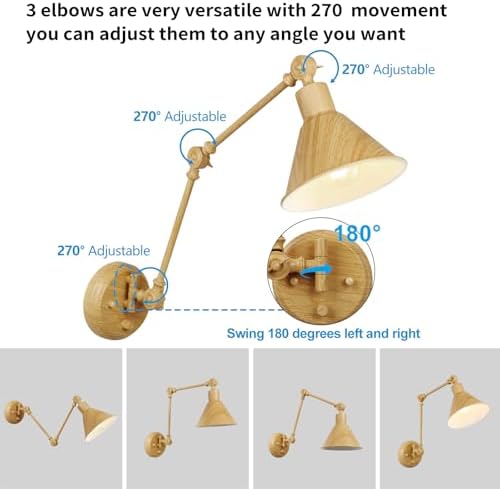TRLIFE Wall Sconce Plug in, Dimmable Wall Sconce with Switch Swing Arm Wall Lights Plug in Wall Light Wall Sconces Lighting with 6FT Plug in Cord, E26 Base(1 Pack, Oak Color)
