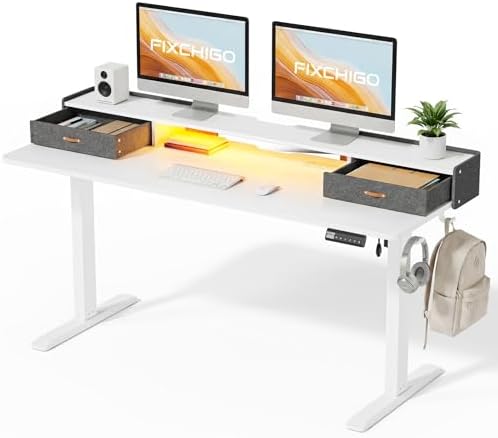 Electric Standing Desk with Drawers, 63 Inch Height Adjustable Desk with Power Outlets & LED Lights, Sit Stand Table with Monitor Stand for Home, Office, White