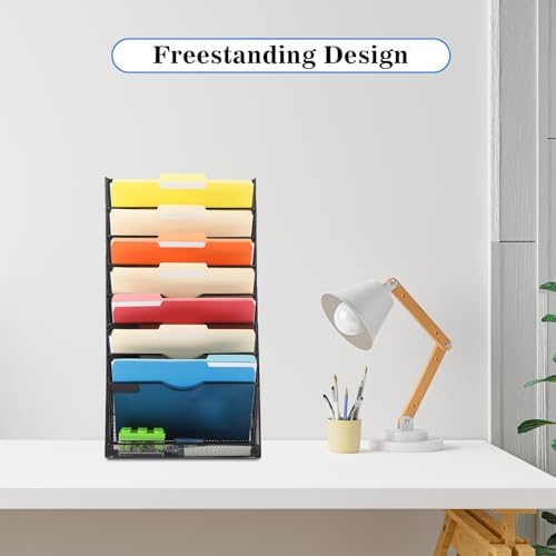 EASEPRES Desk File Organizer Mesh 9-Tier, Hanging Wall Mount Document Organization Stand, Desktop Vertical Mail Paper Folder Holder Rack with Bottom Tray for Office Home Cubicle Countertop, Black