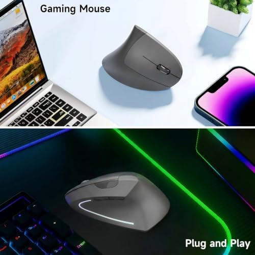 Ergonomic Vertical Wireless Mouse Stylish Rechargeable 2.4G Optical Mice Cordless Mouse with USB Receiver, 800/1200 /1600 DPI, 5 Buttons for Laptop,PC,Mac,Computer (Gray)
