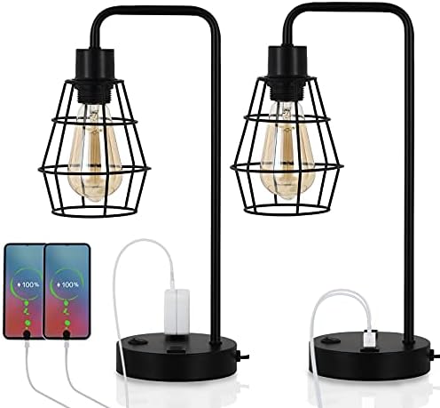 BTY USB Edison Table Lamp Set of 2, Bedside Nightstand Desk Lamps with Dual USB Charging Ports and 2 Prong AC Outlet Metal Wire Cage Industrial Reading Table Lamp for Bedroom Living Room Farmhouse