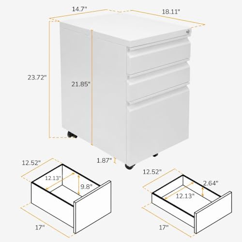 Mount-It! 3 Drawer File Cabinet with Lock and Wheels, Under Desk Storage Filing Pedestal for Home Office, No Assembly Small Rolling File Cabinet for Legal, Letter, and A4 Files in White