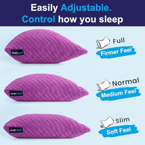 Sidney Sleep Adjustable Bed Pillow for Neck and Shoulder Support with Extra Shredded Fill - Cervical Contour Pillow for Side and Back Sleepers. Standard Size 19" x 26" CertiPUR-US Certified (Magenta)