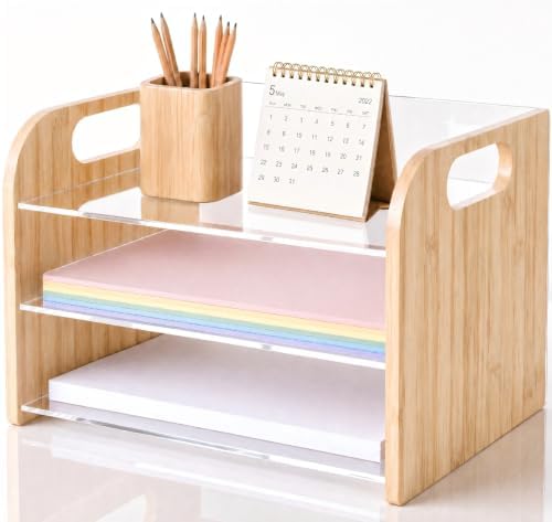 Marsui 3 Tier Desk Paper File Organizer, Bamboo & Acrylic Letter Tray
