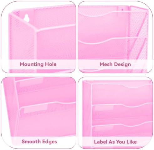 5 Pockets Mesh Wall File Holder Organizer Office Hanging File Folder Magazine Rack, Nametag Label Hooks Set Included (Pink)