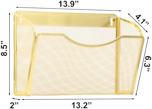 EASEPRES 3 Single Pocket Mesh Hanging File Organizer, Vertical Wall Mounted Magazine File Holder, Mount Basket Mail Paper Document Folder Organizing for Office, Home and School, Gold