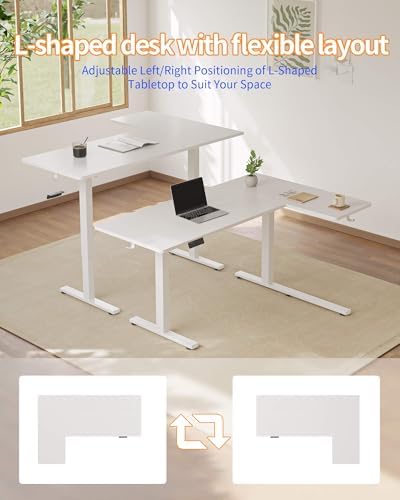 YIHAYO Reversiable L-Shaped Electric Standing Desk, 55 Inches Adjustable Height Corner Desk, Sit and Stand Up for Work Office Home, Computer Table with Splice Board, White