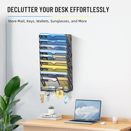 SUPEASY 10-Tier Wall File Organizer with Hooks, Wall Mounted Mail Organizer