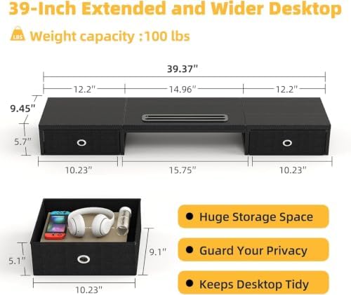 Mexin 39" Dual Monitor Stand Riser with 2 Storage Drawers, Carbon Fiber Computer Desk Organizer for 2 Monitors, Heavy Duty 100 Lbs Desktop Stand with Phone Tablet Holder for Home Office, Black