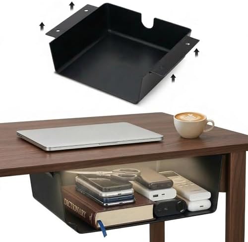 2 Pack Under Desk Hanging Shelf Drawer Organizer, Attachable Plastic Hidden Storage Tray, Easy Adhesive Mount Holder for Standing Tables, Office, Counters, Cabinets, Workstations - Black