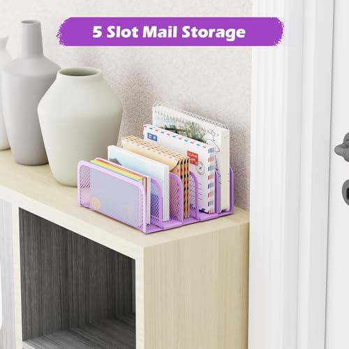 Mail Organizer Countertop 2 Pack, Metal File Holder with 5-Slot, Small Desk File Organizer for Letter, Bill, Mail Sorter, Desktop Letter Folder Holders for Office, Home, School (Purple)