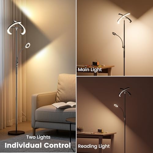 SIBRILLE LED Floor Lamp for Living Room - Modern Standing Lamp with Reading Light, Remote Touch Control Floor Light Dimmable Mother-Daughter Tall Bedroom Lamp for Couch Office, 29W, Black