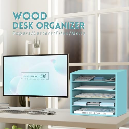 5 Tier Wood Desk Organizer, Mail Sorter and Paper Organizer for Desk, Blue