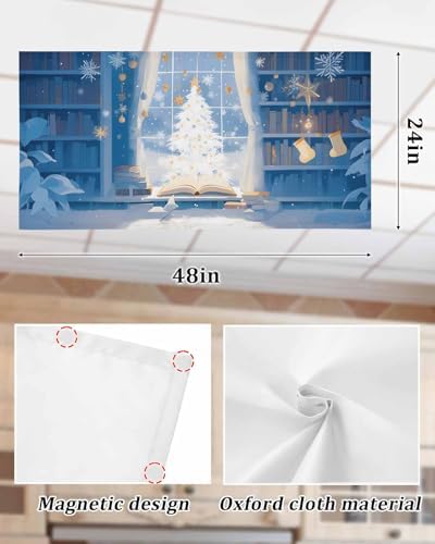 Christmas Magnetic Fluorescent Light Covers for Ceiling Lights 2 x 4 Feet,Xmas Tree Snowflake Snowman Cartoon Blue Office Classroom Kitchen Drop Ceiling Light Covers Filters Shade Panel 4 Packs