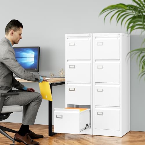 SISESOL 4 Drawer File Cabinet with Lock and Tag,White Vertical File Cabinet,Narrow Locking Filing Cabinets with Drawers,Metal Filing Storage for Home Office Fit A4 Legal/Letter Size