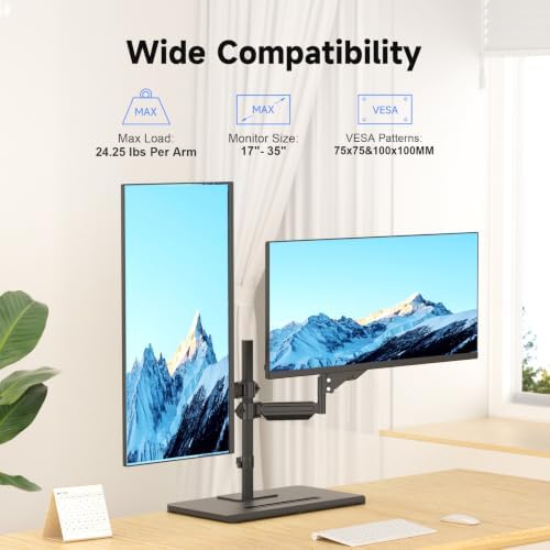 Suptek Freestanding Dual Monitor Stand for 2 Screens up to 35 Inches, Height Adjustable Monitor Arms Hold 24.25 lbs Each, Full Motion Dual Monitor Mount with Large Stable Base, VESA 75/100