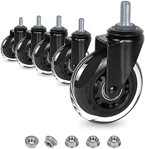 8T8 3 Inch Office Chair Caster Wheels Heavy Duty, Set of 5, 3/8"-16x1 (Not Metric M10), Threaded Stem Casters with Flange Nuts, Replacement PU Rubber Wheels, Safe for Hardwood Tile Floors…