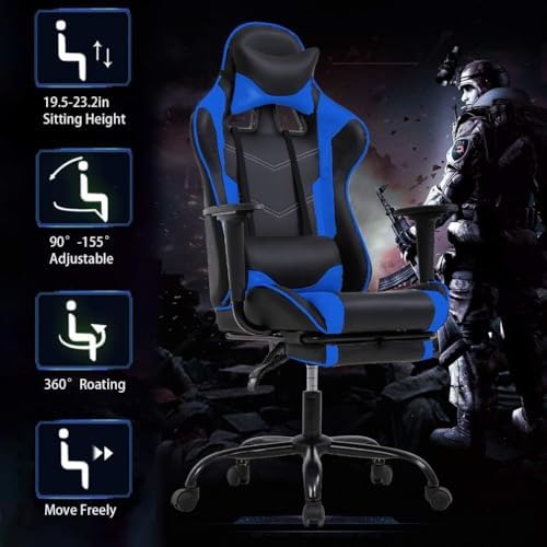 PC Gaming Chair with Footrest, Ergonomic Home Office Chair with Lumbar Support & Headrest Pillow, Blue