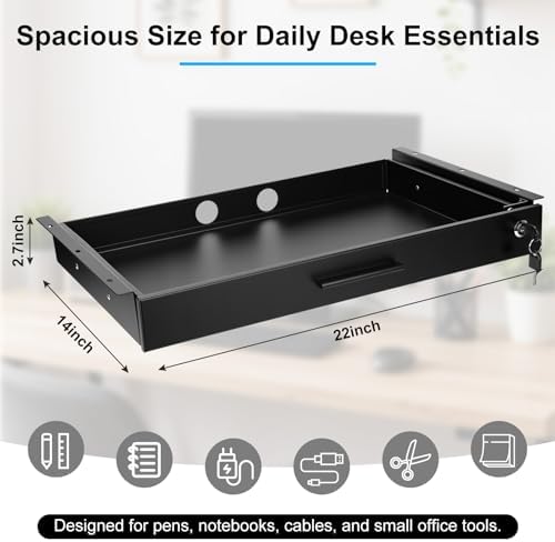 Menkxi 22'' x 14'' Under Desk Drawer Slide Out Storage Organizer, Lockable Metal Desk Drawer for Laptop and Office Accessories, Large Hidden Under Table Storage Box with Cable Management, Black