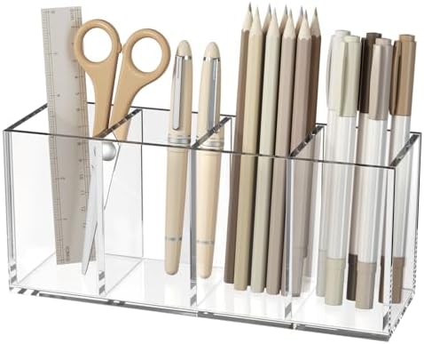 NIUBEE Acrylic Pen Holder 4 Compartments, Clear Desk Pencil Organizer Cup