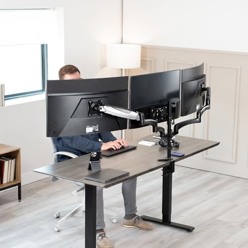 VIVO Triple Pneumatic Monitor Mount for 3 Screens up to 32 inches, Fully Adjustable, Heavy Duty Desk Stand with C-Clamp, Black, STAND-V300G