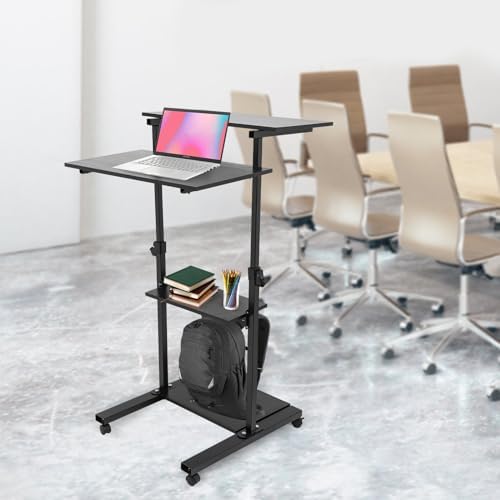 Mobile Standing Desk with Wheels, 27" 4-Tier Height Adjustable Laptop Cart 3.05-4.59ft, 88lbs Capacity Rolling Computer Station for Office Home – Black