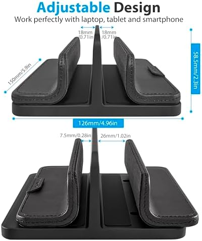 Dual Vertical Laptop Stand, 3 in 1 Upright Desktop Stand Holder with Adjustable Dock (Up to 17.3''), Leather Laptop Rack Storage Desk Organizer for Phone, Tablet, MacBook/HP/Dell/Chrome Book (Black)