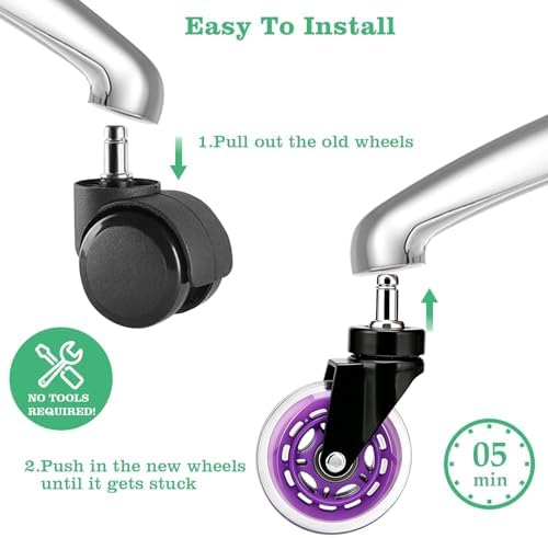 3" Office Chair Wheels (As Seen On PRC) Heavy Duty with Universal Grip Ring Stem(7/16" x7/8"),Replacement Rubber Chair Casters fits 98% Chairs for All Floors (Purple)