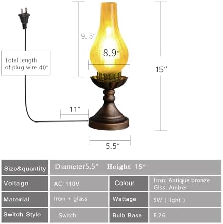 Moroccan Lanterns Vintage Antique Bedside Table Lamp，Victorian Retro Hurricane Amber Glass Desk Lamp-Brown Antique Copper