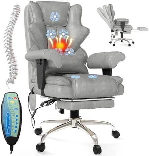 7-Point Massage Heated Executive Office Chair with Footrest, Gray