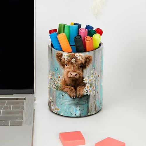 Leather Pen Holder for Desk, Highland Cow Flower Pencil Cup Pen Organizer Makeup Brush Holder for Office Home Kids Countertop Desk Accessory Storage