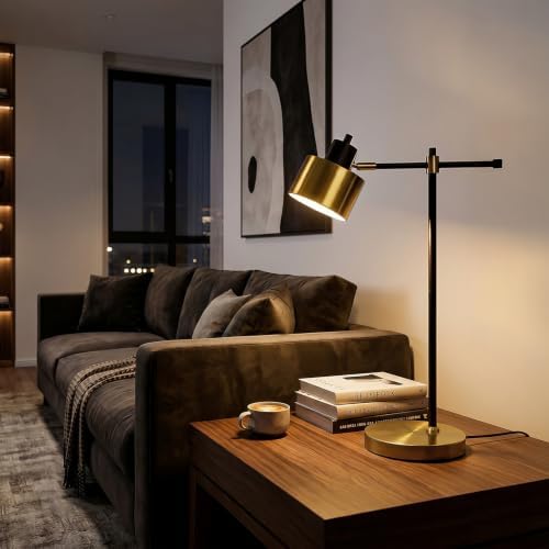 OYEARS 22.2" Modern Desk Lamp, Metal Table Lamp with LED Bulb, Adjustable Reading Lamps for Living Room, Mid Century Task Lamp for Home Office, Industrial Bedside Lamps with Solid Base,Black and Gold