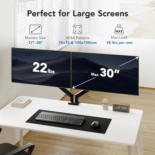 HUANUO Dual Monitor Mount for 2 Monitors up to 30 inches, Each Arm Holds Max 22lbs, Dual Monitor Stand with Advanced System, Height-Adjustable/Tilt/Swivel/Rotate, VESA Standard 75mm or 100mm