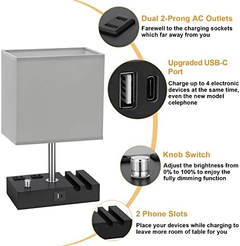 Grey Table Lamp for Bedroom - Stepless Dimmable, USB C+A, 2 AC Outlets