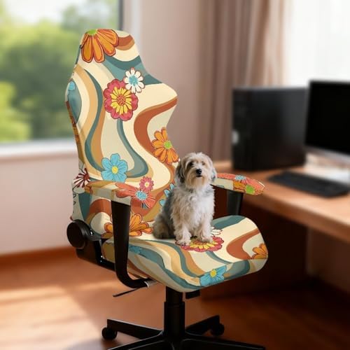 Hippie Daisy Print Gaming Chair Cover Anti Dust 4 Piece Furniture Protector Washable Stretchable Gaming Chair Slipcover with Armrest Covers