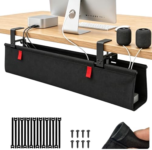 Under Desk Cable Management No Drill – 48" L x 6" W Cord Organizer, Upgraded Silicone Pads (No Scratch), 16 Cable Slots, Washable PE Honeycomb Base, Fits Desks 0–2.1" Thick, Black