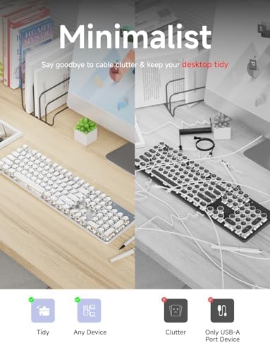 Wireless Typewriter Style Mechanical Keyboard with White Backlit, White