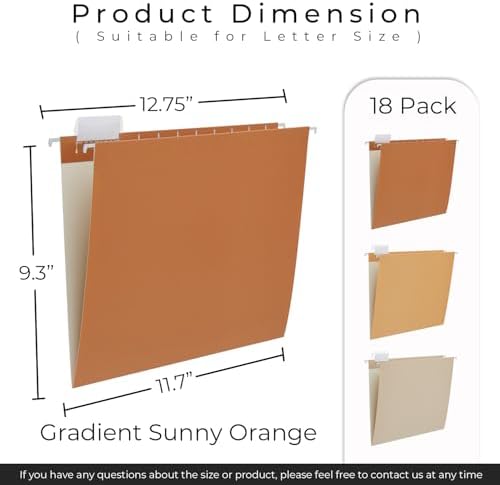 Y YOMA 18 Pack Gradient Hanging File Folders Letter Size Decorative Hanging Folder Pretty File Folder Organizer for Filing Cabinet Office Home with 1/5-Cut Adjustable Tabs, Sunny Orange