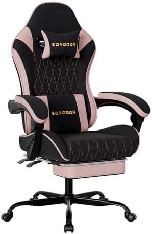 Breathable Fabric Gaming Chair with Footrest, Ergonomic High Back Computer Chair with Gold Diamond Stitching, Height Adjustable Swivel Office Chair with Lumbar Support for Adults,Blackpink