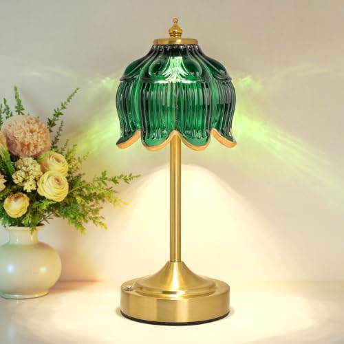 Cordless Table Lamp, Rechargeable Dark Green Glass Lotus Flower Lamp