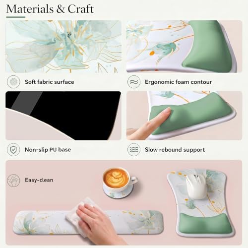 Gel Mouse Pad & Memory Foam Keyboard Wrist Rest Set Sage Green Floral