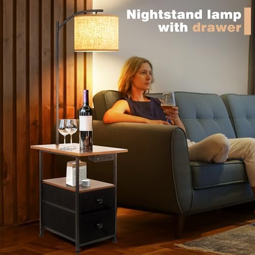 PESRAE Floor Lamp with Table & 2 Drawers, End Table with Lamp, Rustic Brown
