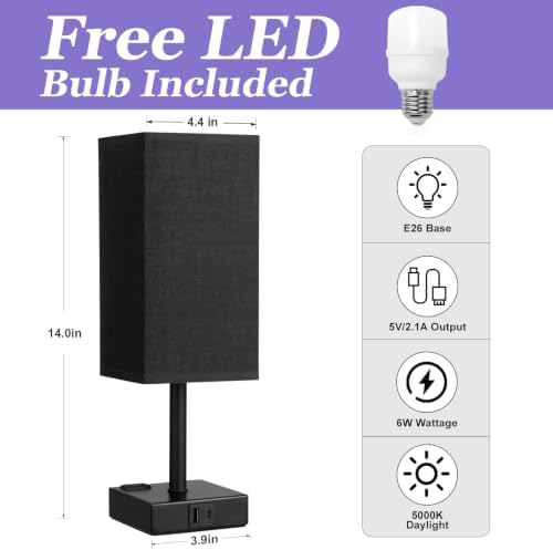 Black Bedside Table Lamp for Bedroom - Dimmable Touch, USB C+A, AC Outlet