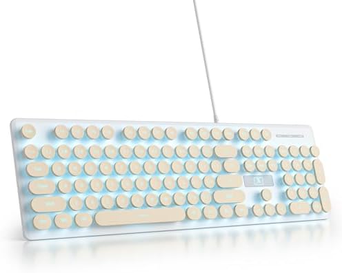 surmen Cute Quiet Keyboard USB Wired Typewriter Keyboard, Light Up Backlit PC Keyboards with Retro Round Keys Full Size 104 Keys for Office Computer (Khaki)