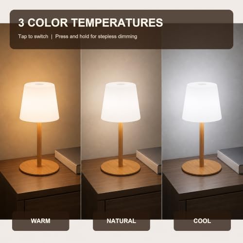 Rechargeable Cordless Table Lamp, IP65 Waterproof Touch Night Light with 4000mAh Battery, 3 Color Temperatures and Stepless Dimming for Bathroom, Nursery, Bedside and Skincare, Wood Grain