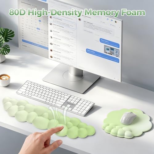 TECKNET Cloud Wrist Rest & Ergonomic Mouse Pad, Cloud Keyboard Wrist Rest with Non-Slip Base, PU Leather Memory Foam Wrist Pad for Keyboard and Mouse, Pain Relief for Typing, Gaming, Green
